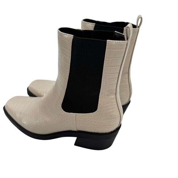 Open Edit Rectangular Toe Stacked Heel Croc-Embossed Ayla Chelsea Ivory boots - Picture 3 of 8